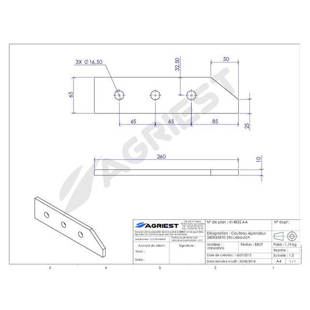 Couteau Epandeur 260X65X10 3 TRS Ø16,5 EA 65 Adaptable Leboulch référence fournisseur 414832